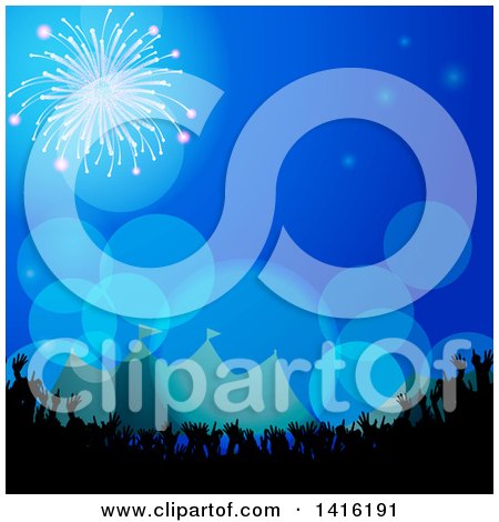 Clipart of a Silhouetted Crowd at a Carnival Festival Concert Under a Night Sky with Fireworks - Royalty Free Vector Illustration by elaineitalia