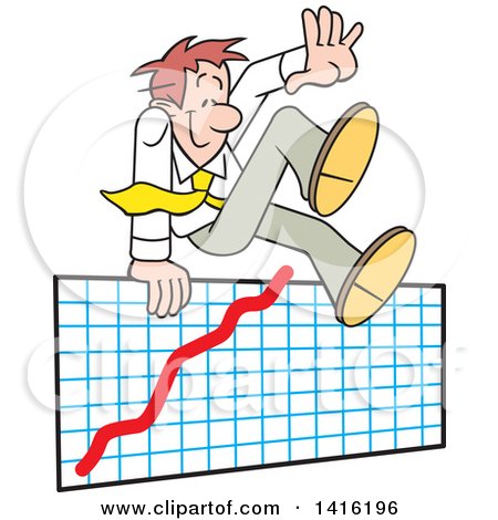 Clipart of a Cartoon Caucasian Business Man Going over the Top of a Graph, Success - Royalty Free Vector Illustration by Johnny Sajem