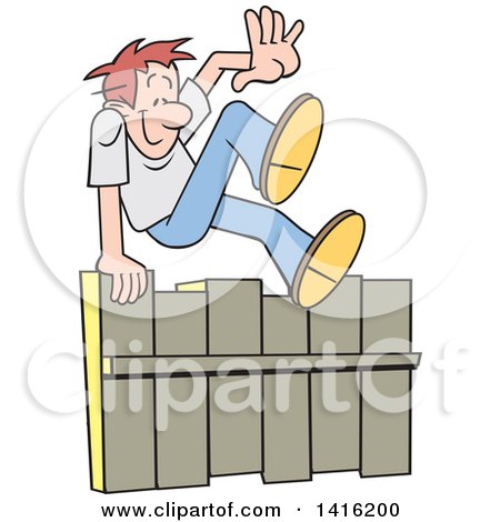 Clipart of a Cartoon Caucasian Man Going up and over a Fence - Royalty Free Vector Illustration by Johnny Sajem
