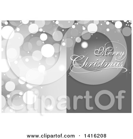 Clipart of a Grayscale Merry Christmas Greeting and Flare Background - Royalty Free Vector Illustration by dero