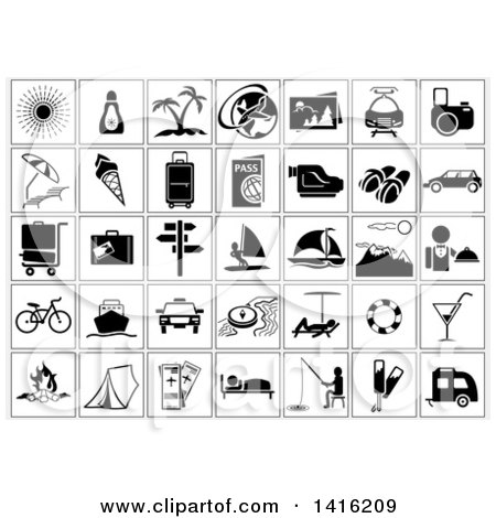 Clipart of Black and White Square Vacation and Travel Icons - Royalty Free Vector Illustration by dero