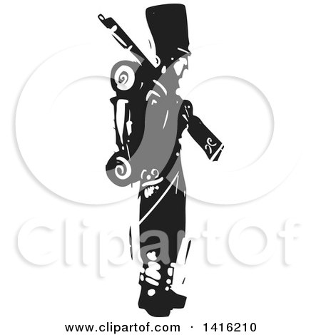 Clipart of a Black and White Woodcut Napoleonic Hessian Soldier Standing with a Musket - Royalty Free Vector Illustration by xunantunich