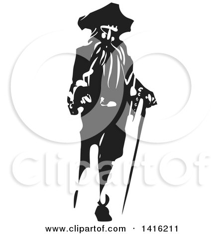 Clipart of a Black and White Woodcut Pirate Captain with a Cane and Peg Leg - Royalty Free Vector Illustration by xunantunich