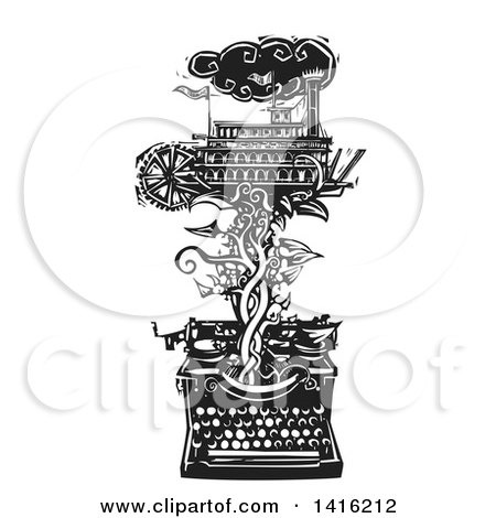 Clipart of a Black and White Woodcut Riverboat on a Vine Emerging from a Typewriter - Royalty Free Vector Illustration by xunantunich