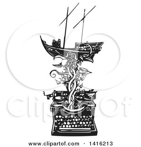 Clipart of a Black and White Woodcut Arab Dhow Boat on a Vine Emerging from a Typewriter - Royalty Free Vector Illustration by xunantunich