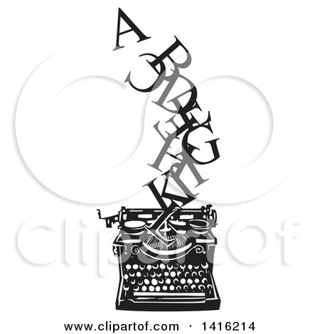 Clipart of a Black and White Woodcut Alphabet Letters Emerging from a Typewriter - Royalty Free Vector Illustration by xunantunich