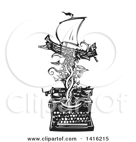 Clipart of a Black and White Woodcut Greek Warship on a Vine Emerging from a Typewriter - Royalty Free Vector Illustration by xunantunich