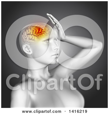 Clipart of a 3d Anatomical Woman with Visible Glowing Brain, over Gray - Royalty Free Illustration by KJ Pargeter