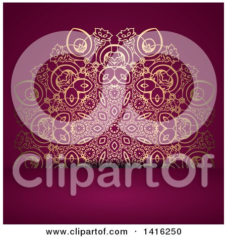 Clipart of a Wedding Invitation Background of an Ornate Golden Floral Design on Purple - Royalty Free Vector Illustration by KJ Pargeter