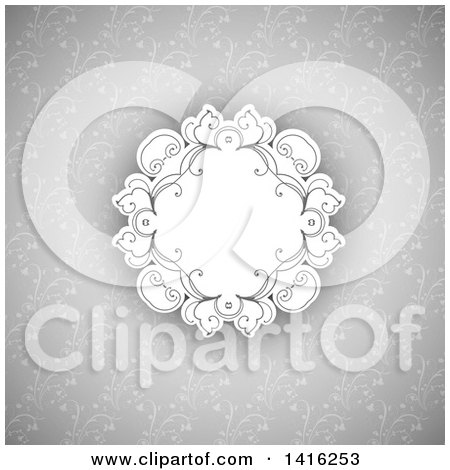 Clipart of a Wedding Invitation Background with a Swirl Frame over Gray Vines - Royalty Free Vector Illustration by KJ Pargeter