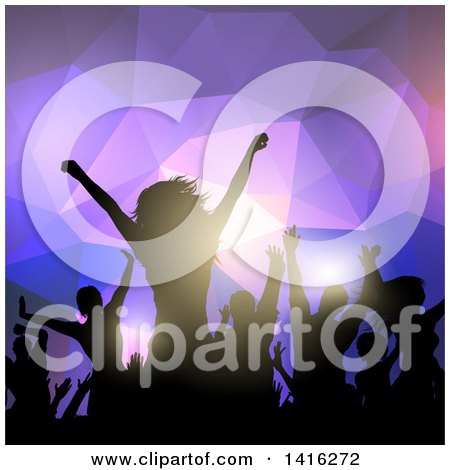 Clipart of a Silhouetted Dancing and Cheering Crowd over Purple Geometric Lights - Royalty Free Vector Illustration by KJ Pargeter