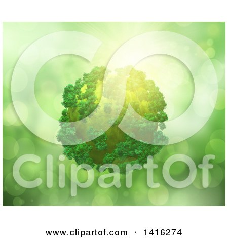 Clipart of a 3d Planet with Trees over Green Flares - Royalty Free Illustration by KJ Pargeter