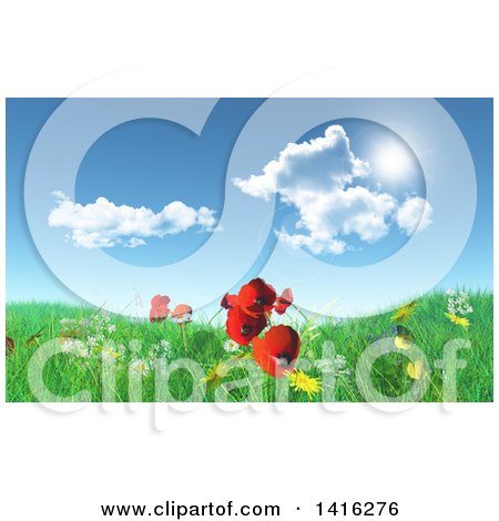 Clipart of a 3d Grassy Hill with Daisies, Dandelions and Poppies Under a Blue Sky with Clouds - Royalty Free Illustration by KJ Pargeter