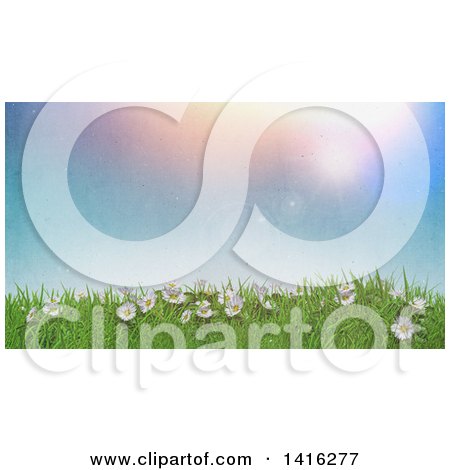 Clipart of a 3d Hill with Daisies and Grass Against a Sunny Sky with Vintage Flare Effect - Royalty Free Illustration by KJ Pargeter