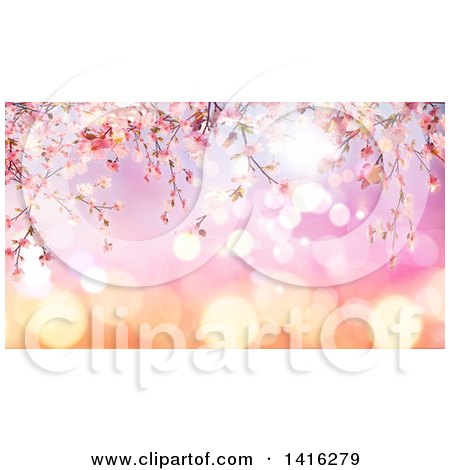 Clipart of a Background of 3d Pink Cherry Blossoms on Gradient Flares - Royalty Free Illustration by KJ Pargeter