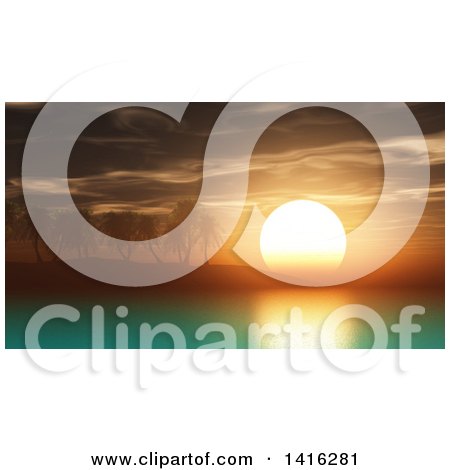 Clipart of a 3d Island with Palm Trees at Sunset - Royalty Free Illustration by KJ Pargeter