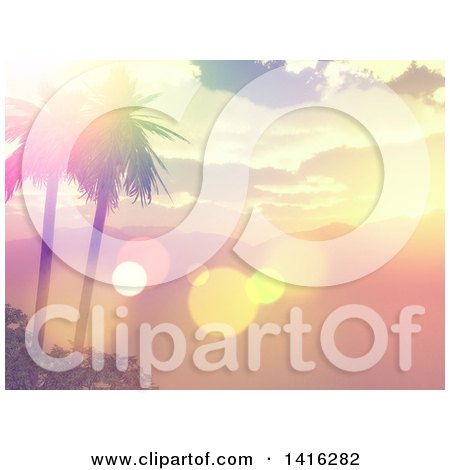 Clipart of a 3d Tropical Ocean Bay with Mountains and Palm Trees at Sunset - Royalty Free Illustration by KJ Pargeter