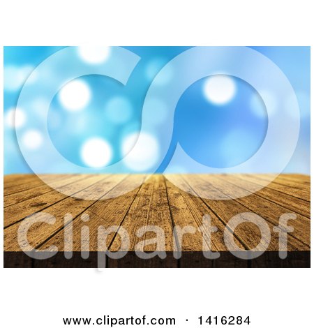 Clipart of a 3d Wood Table or Deck over Blue Bokeh - Royalty Free Illustration by KJ Pargeter