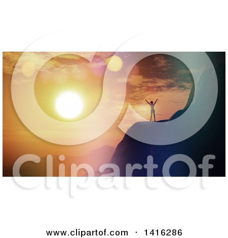 Clipart of a 3d Woman on a Cliff, Looking over a Mountainous Bay Landscape at Sunset - Royalty Free Illustration by KJ Pargeter