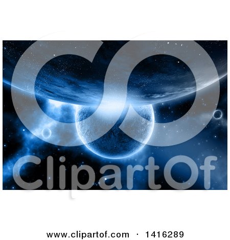 Clipart of a Background of 3d Fictional Planets and Nebula in Blue Tones - Royalty Free Illustration by KJ Pargeter