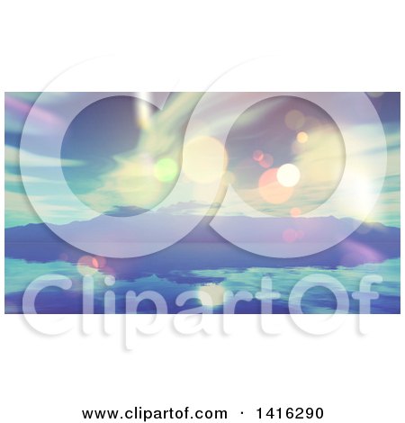 Clipart of a 3d Tropical Ocean Bay with Mountains and Palm Trees at Sunset - Royalty Free Illustration by KJ Pargeter