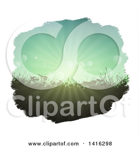 Clipart of a White Painted Grunge Border Framing a Sunrise or Sunset with Silhouetted Weeds - Royalty Free Vector Illustration by KJ Pargeter