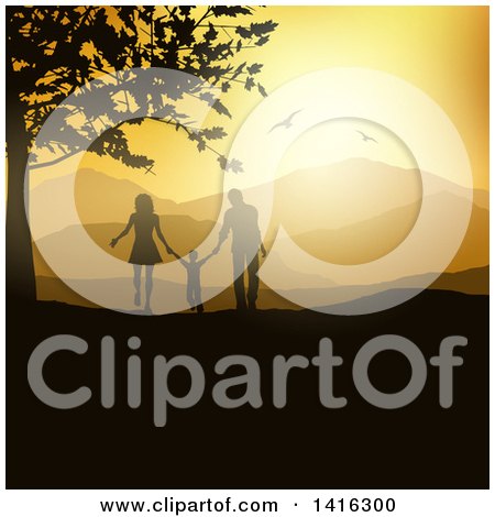 Clipart of a Silhouetted Son and His Parents Holding Hands and Walking in the Countryside at Sunset - Royalty Free Vector Illustration by KJ Pargeter