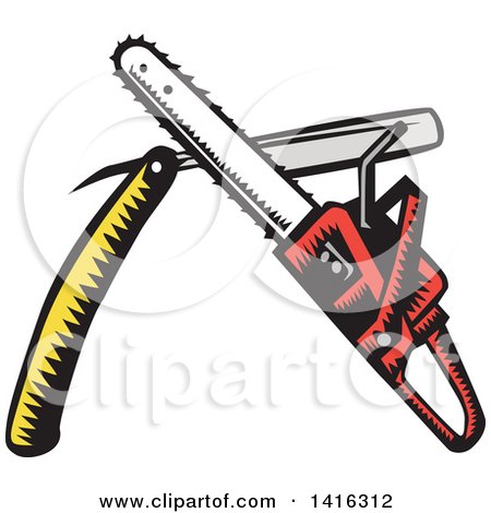 Clipart of a Retro Woodcut Crossed Chainsaw and Straight Razor - Royalty Free Vector Illustration by patrimonio