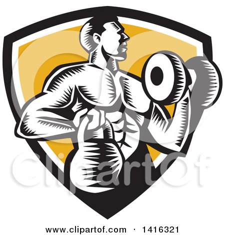 Clipart of a Retro Woodcut Strong Male Bodybuilder Working out with a Dummbell and Kettlebell, Emerging from a Black White and Yellow Shield - Royalty Free Vector Illustration by patrimonio