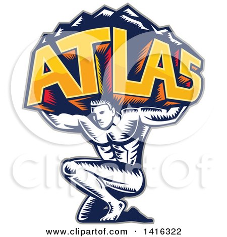 Clipart of a Retro Woodcut Strong Man, Atlas, Holding Mountains on His Shoulders - Royalty Free Vector Illustration by patrimonio