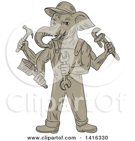 Clipart of a Sketched Ganesha Handy Man Elephant Holding Tools - Royalty Free Vector Illustration by patrimonio
