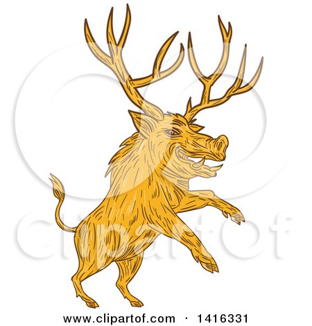 Clipart of a Sketched Rearing Razorback Boar Pig Beast with Antlers - Royalty Free Vector Illustration by patrimonio