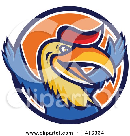 Clipart of a Retro Cartoon Victorious Hornbill or Bucerotidae Bird Mascot Cheering in a Blue White and Orange Circle - Royalty Free Vector Illustration by patrimonio