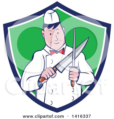 Clipart of a Retro Cartoon Male Butcher Sharpening a Knife in a Blue White and Green Shield - Royalty Free Vector Illustration by patrimonio