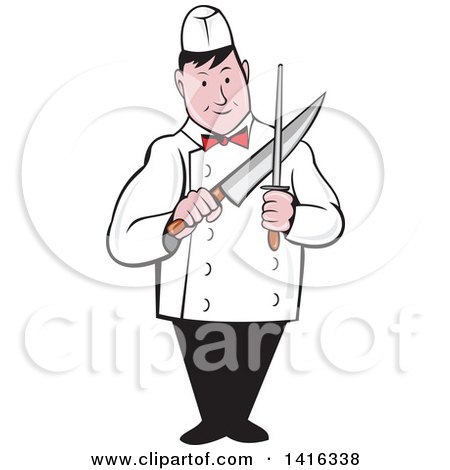 Clipart of a Retro Cartoon Male Butcher Sharpening a Knife - Royalty Free Vector Illustration by patrimonio
