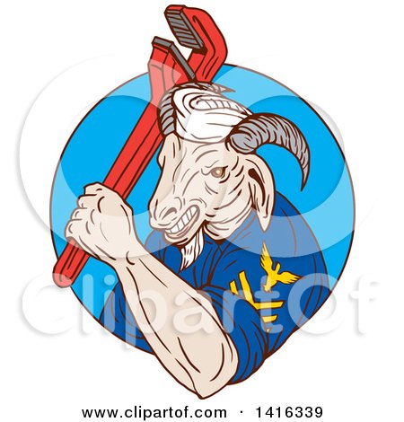 Clipart of a Retro Sketched Navy Goat Man Holding Pipe Monkey Wrench in a Blue Circle - Royalty Free Vector Illustration by patrimonio