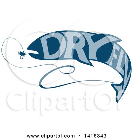 Clipart of a Blue Silhouetted Trout Fish with Dry Fly Text, Catching Bait - Royalty Free Vector Illustration by patrimonio