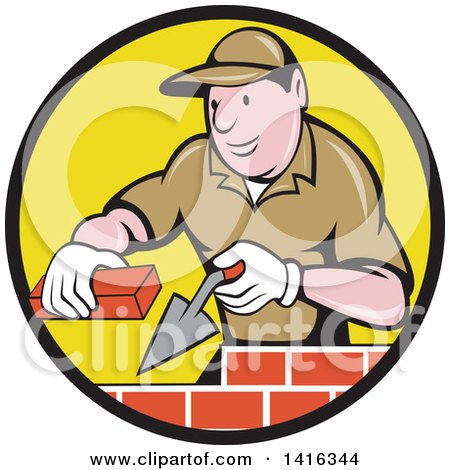 Clipart of a Retro Cartoon Male Mason Worker Laying Bricks in a Black and Yellow Circle - Royalty Free Vector Illustration by patrimonio