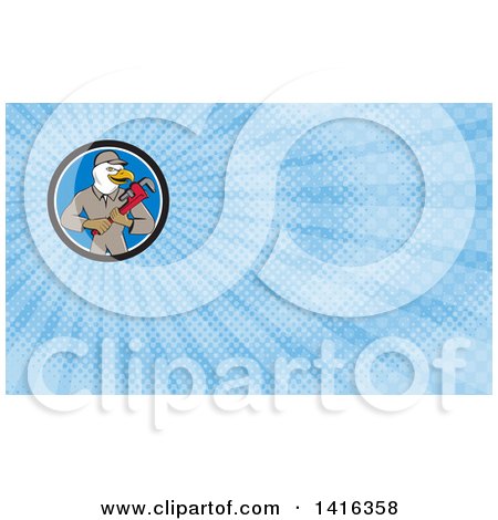 Clipart of a Cartoon Bald Eagle Plumber Man Holding a Monkey Wrench and Blue Rays Background or Business Card Design - Royalty Free Illustration by patrimonio