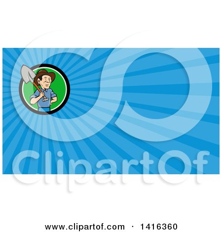Clipart of a Retro Cartoon Male Farmer Holding a Shovel over His Shoulder and Blue Rays Background or Business Card Design - Royalty Free Illustration by patrimonio