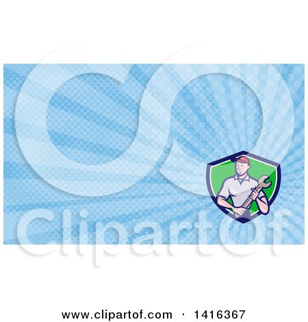 Clipart of a Retro Cartoon White Handy Man or Mechanic Holding a Wrench and Blue Rays Background or Business Card Design - Royalty Free Illustration by patrimonio