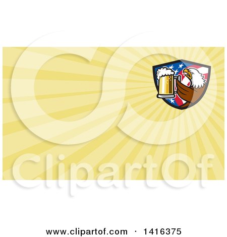 Clipart of a Retro Bald Eagle Toasting with Beer in an American Flag Shield and Yellow Rays Background or Business Card Design - Royalty Free Illustration by patrimonio