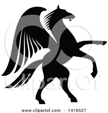 Clipart of a Black and White Silhouetted Rampant Winged Horse Pegasus - Royalty Free Vector Illustration by Vector Tradition SM