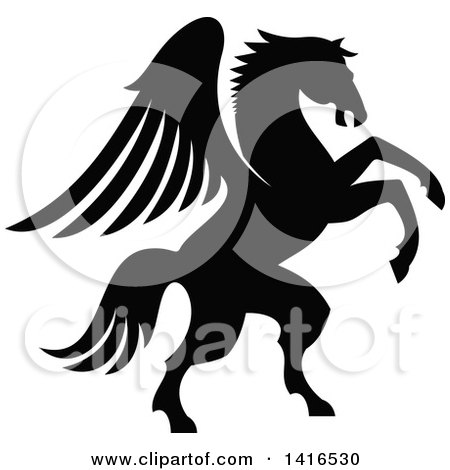 Clipart of a Black and White Silhouetted Rampant Winged Horse Pegasus - Royalty Free Vector Illustration by Vector Tradition SM