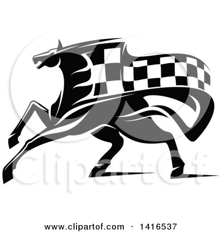 Clipart of a Black and White Horse with a Checkered Racing Flag Mane - Royalty Free Vector Illustration by Vector Tradition SM