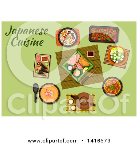 Clipart of a Table with Japanese Cuisine and Text - Royalty Free Vector Illustration by Vector Tradition SM