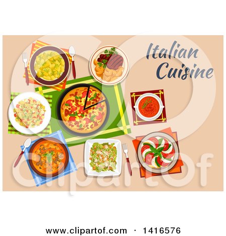 Clipart of a Table with Italian Cuisine and Text - Royalty Free Vector Illustration by Vector Tradition SM