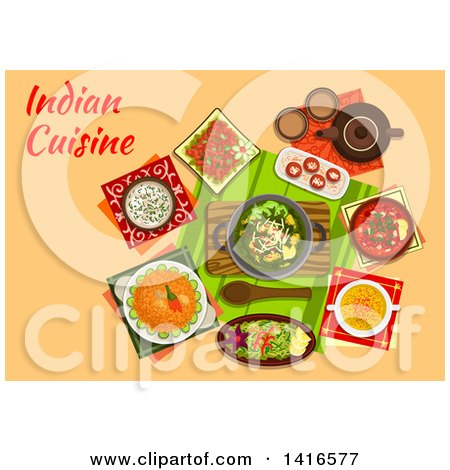 Clipart of a Table with Indian Cuisine and Text - Royalty Free Vector Illustration by Vector Tradition SM