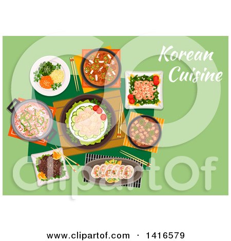 Clipart of a Table with Korean Cuisine and Text - Royalty Free Vector Illustration by Vector Tradition SM