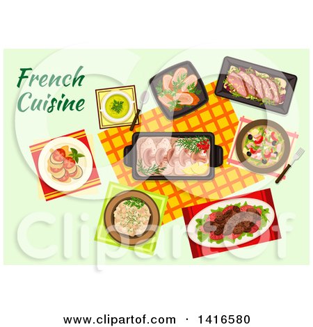 Clipart of a Table with French Cuisine and Text - Royalty Free Vector Illustration by Vector Tradition SM